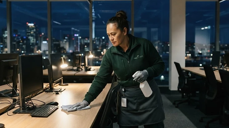 Professional commercial cleaner servicing a modern Auckland office after hours