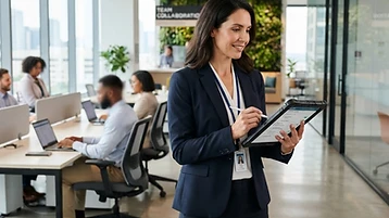 Facilities manager reviewing a modern commercial workplace