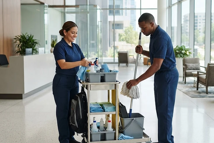 Professional commercial cleaning equipment prepared for a workplace service