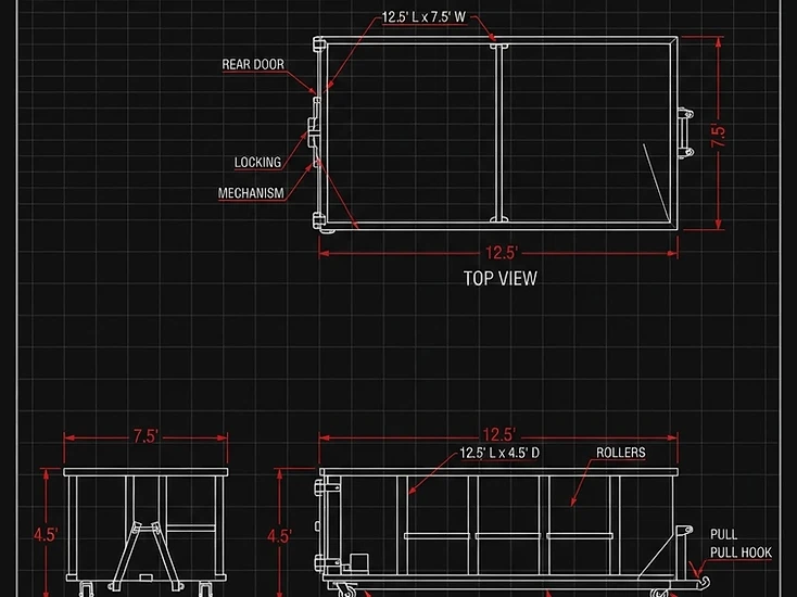 Technical blueprint of the 15-yard dumpster dimensions