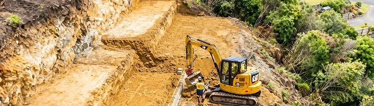 Excavator preparing a bench for a new retaining wall footing on a sloping site