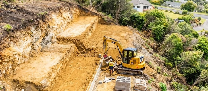 Excavator preparing a site where an old retaining wall has been removed