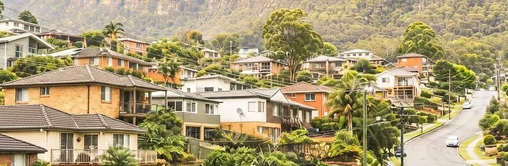 Illawarra Escarpment rising behind sloping residential blocks near Wollongong