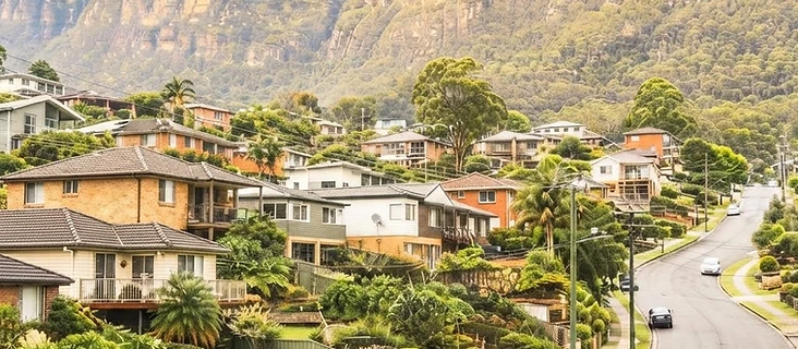 Sloping residential blocks below the Illawarra Escarpment with retaining levels