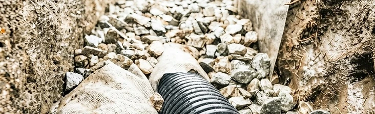 Ag pipe and drainage aggregate behind a retaining wall under construction