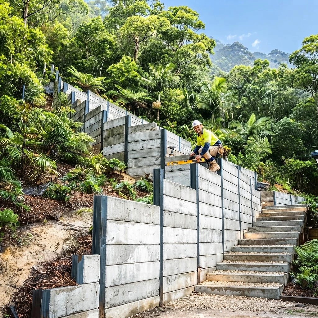 Concrete sleeper retaining wall following a steep residential slope in the Illawarra