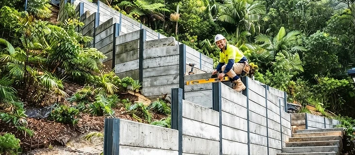 Concrete sleeper retaining wall following a steep residential slope in Wollongong