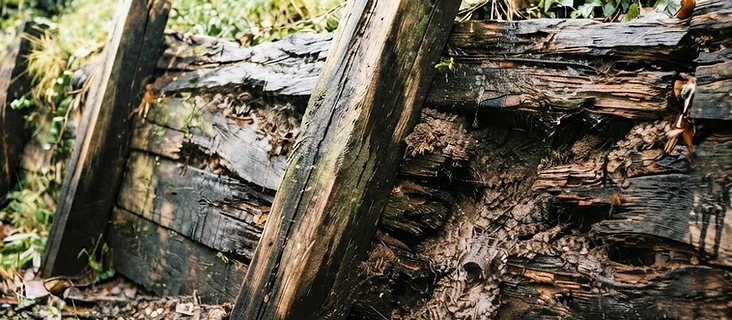 Damaged retaining wall showing bowing, rot and soil movement