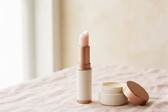 A bright editorial still-life of handmade lip balms in copper tins with warm cream tones