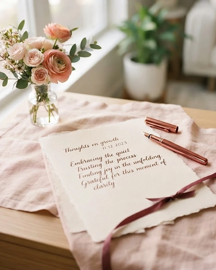 A bright writing still-life — cream paper, a rose-gold pen, and blush florals in soft natural light