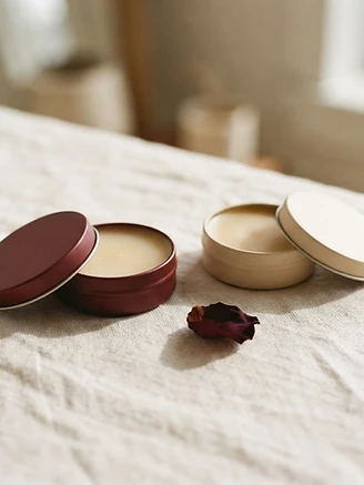 A burgundy solid perfume tin resting on warm linen