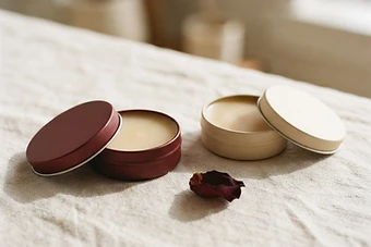 A warm editorial still-life of solid perfume tins, cream textures, and rose-gold accents