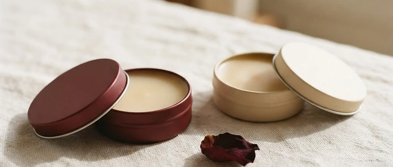 Two elegant solid perfume tins on warm linen