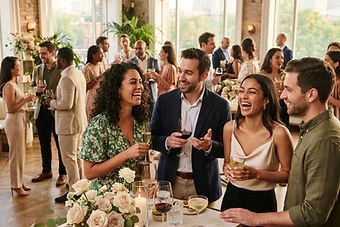 Adults naturally connecting at a warm, elevated social gathering