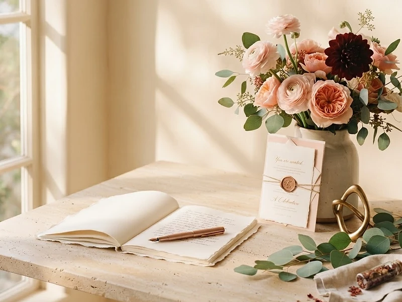 A warm editorial still-life on a sunlit cream table — an open notebook, blush and burgundy florals, an elegant invitation, and rose-gold accents