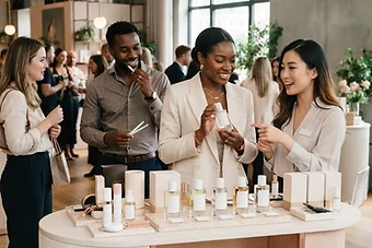 People exploring products at a bright, stylish brand pop-up activation