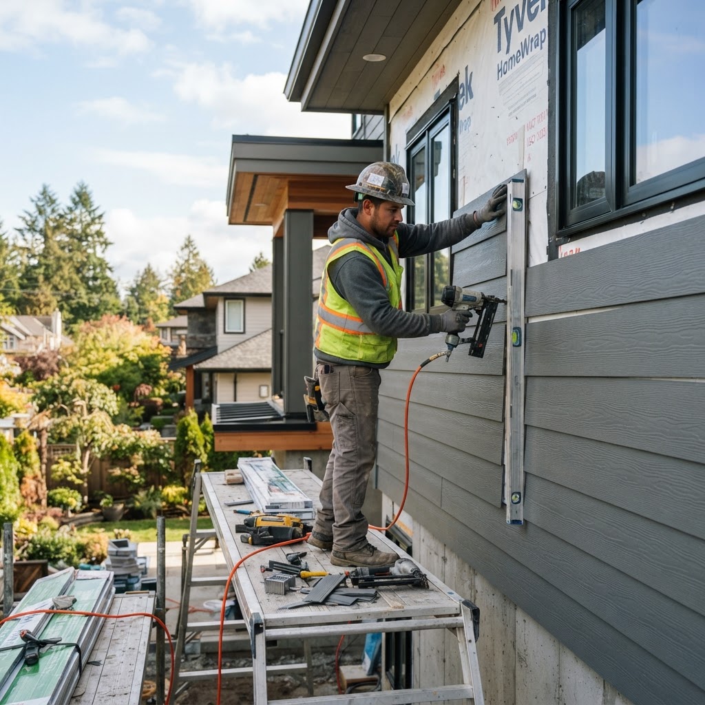 Installation de revêtement extérieur sur façade résidentielle