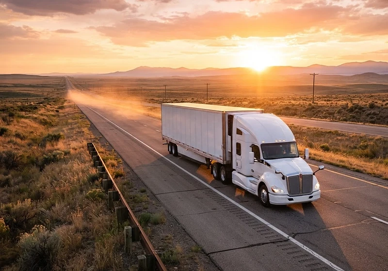 Semi truck on the highway at sunset
