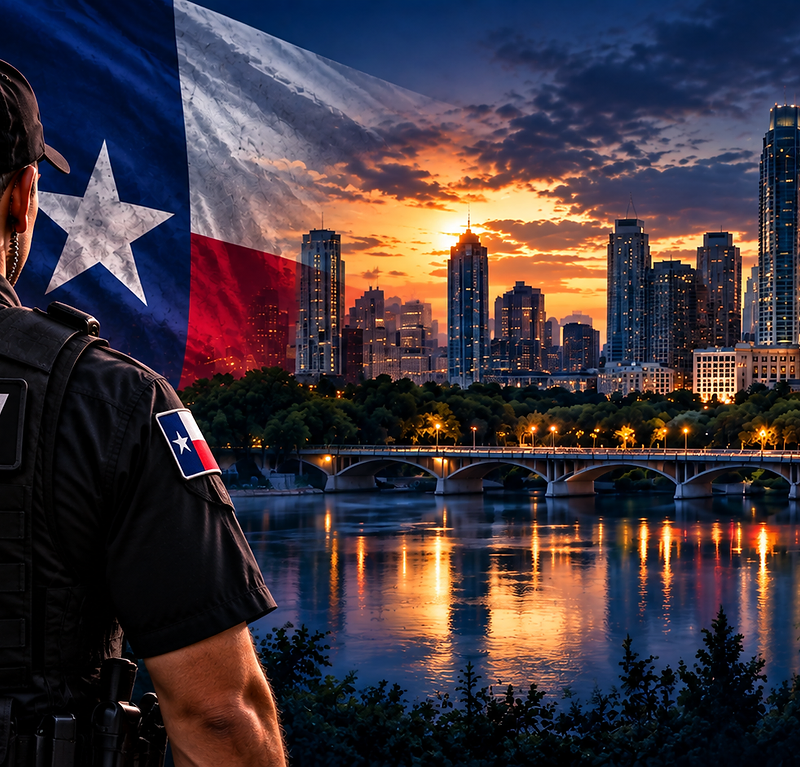 Texas security silhouette with waving Texas flag, the Austin skyline and State Capitol at sunset over Lady Bird Lake, and a metallic Texas emblem