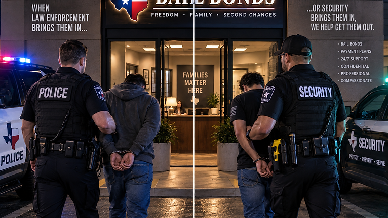 Split scene of a bail bonds office with a peace officer bringing someone in on one side and a security officer on the other
