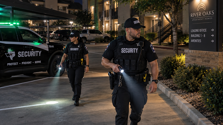 Professional Texas security officers on night patrol with flashlights and a marked security vehicle at an apartment community