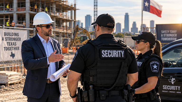 Texas construction manager meeting with professional security officers on an active construction site