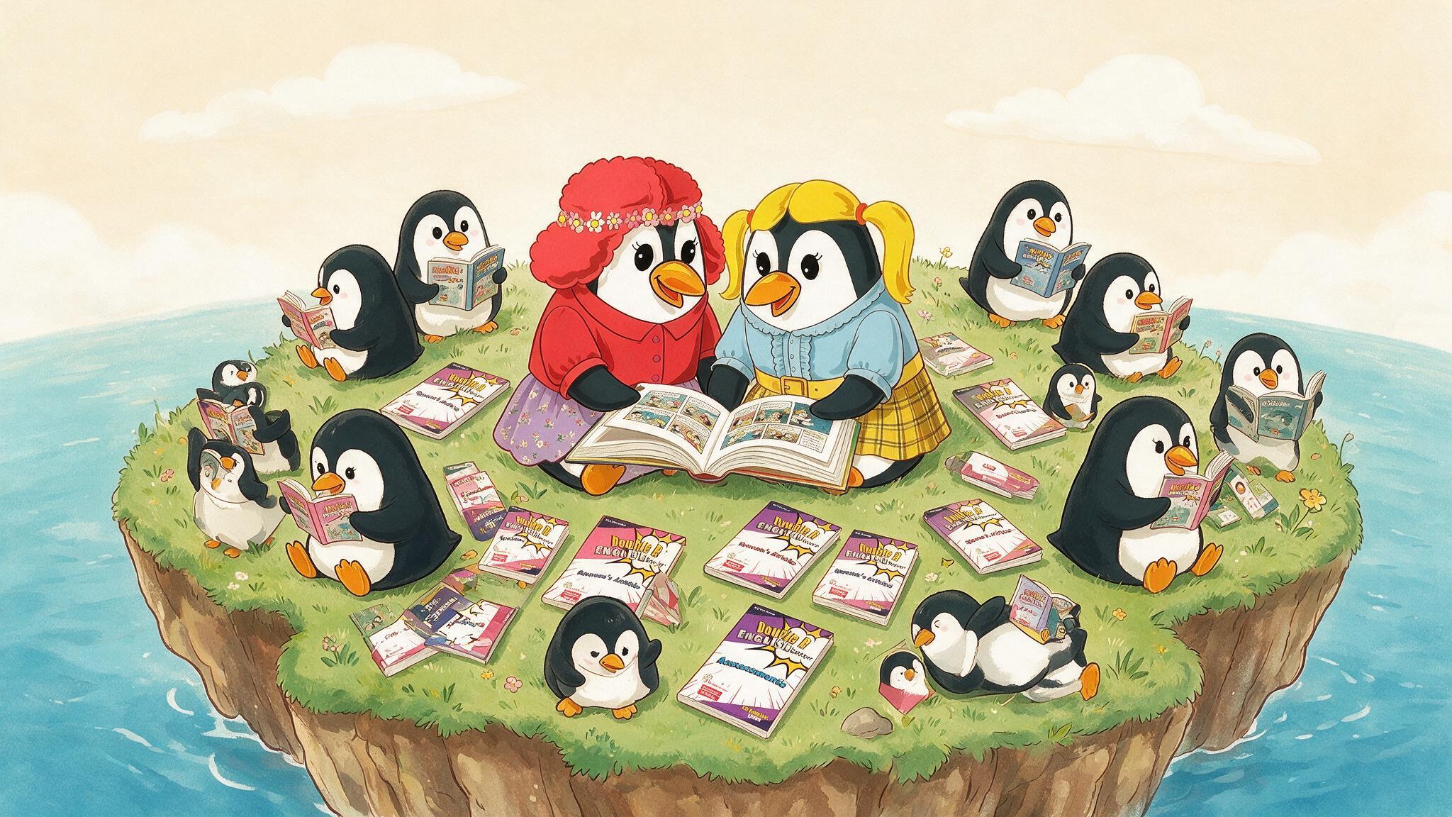 Two penguin teachers reading together on a grassy island surrounded by little penguins with books