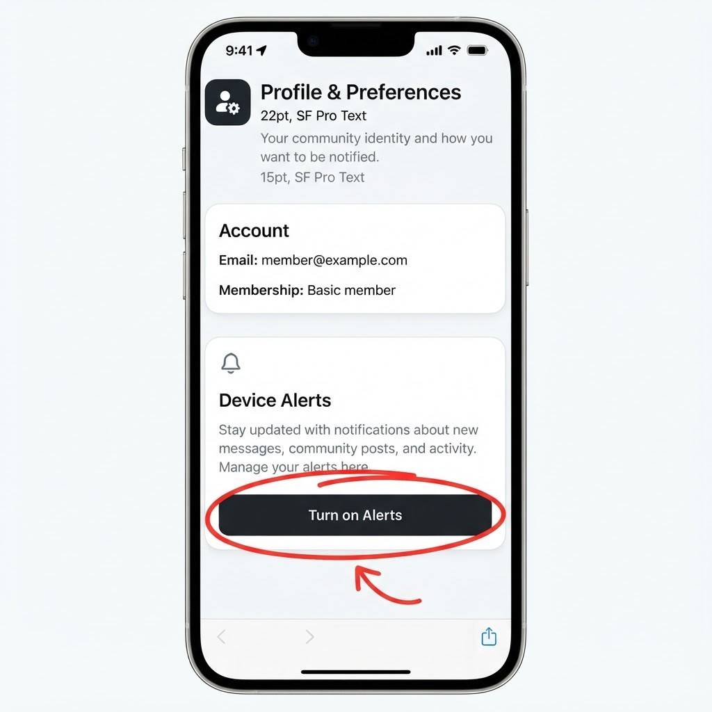 TGX Profile page with the Turn on Alerts button circled in the Device Alerts card
