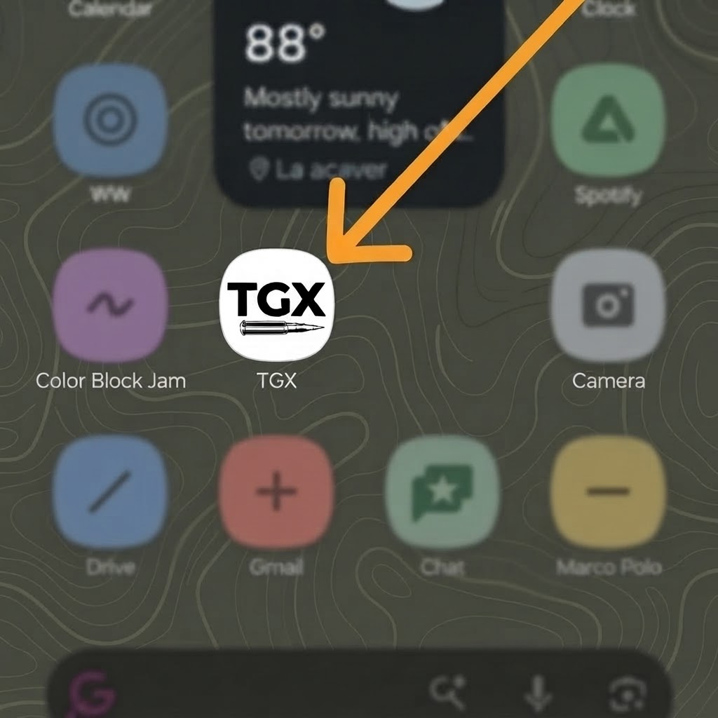 TGX app icon on an Android home screen pointed out by an orange arrow
