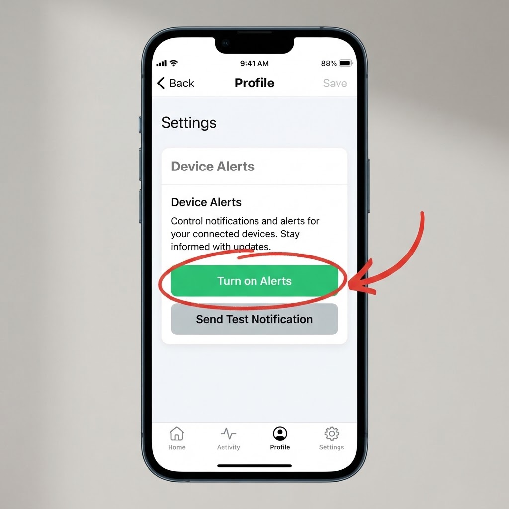 Profile page with the Turn on Alerts button circled in the Device Alerts card