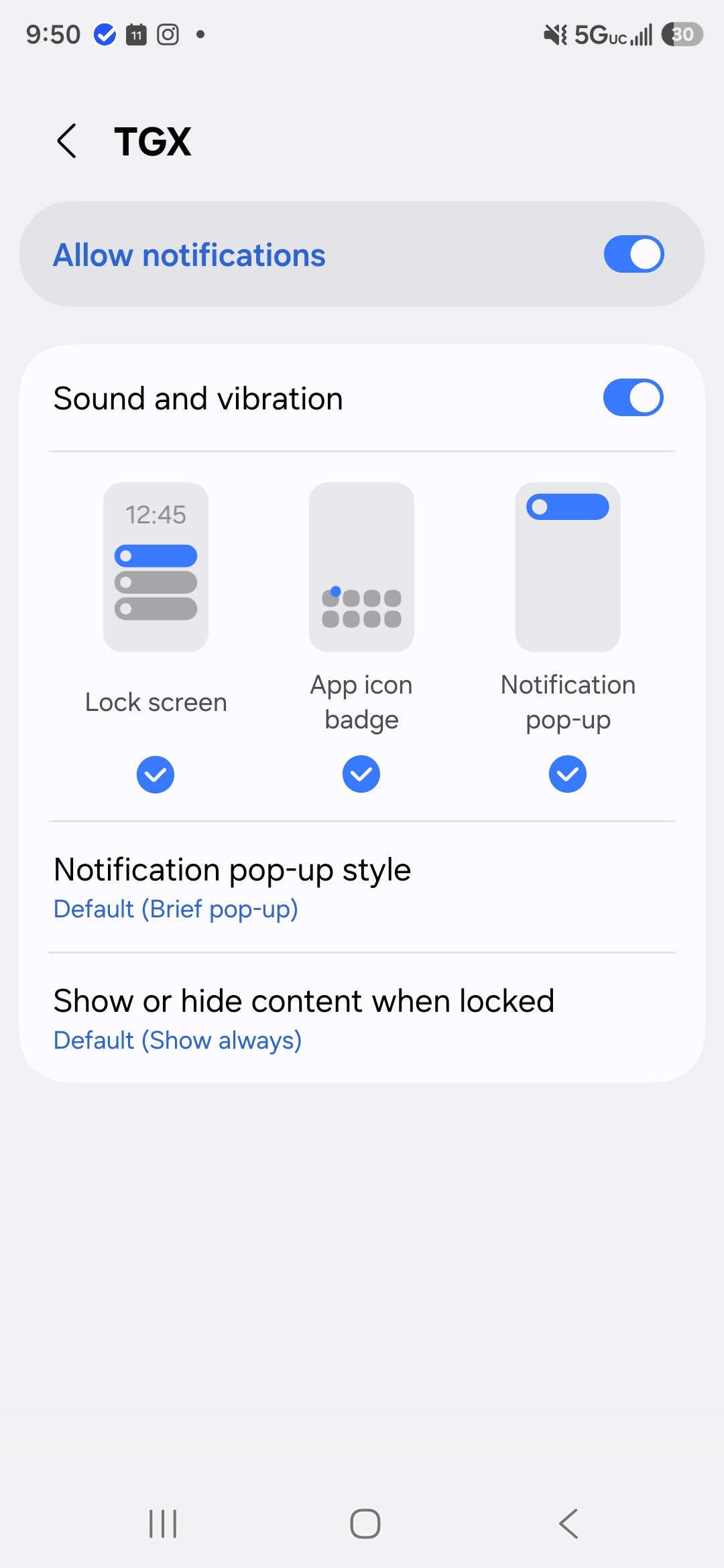 TGX notification settings with Allow notifications and Sound and vibration toggles on