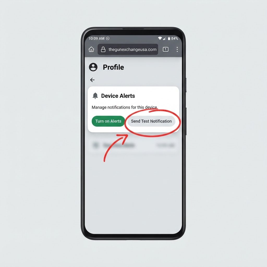 Android Chrome profile page with the Send Test Notification button circled in the Device Alerts card