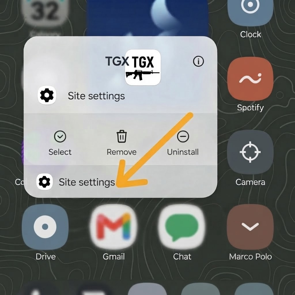 Long-press menu over the TGX home-screen icon with Site settings pointed out by an arrow