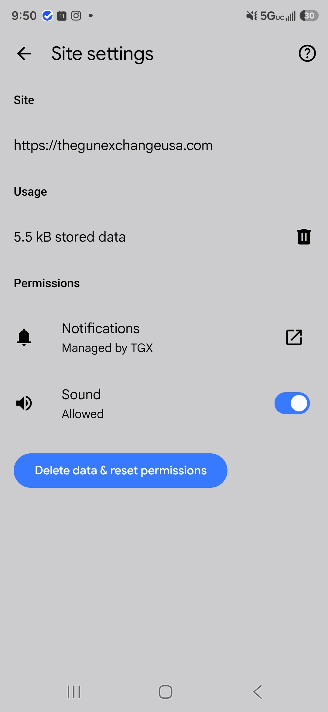 Android Site settings page showing the Notifications link and Sound toggle