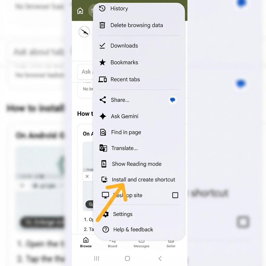 Chrome menu with Install and create shortcut pointed out by an orange arrow