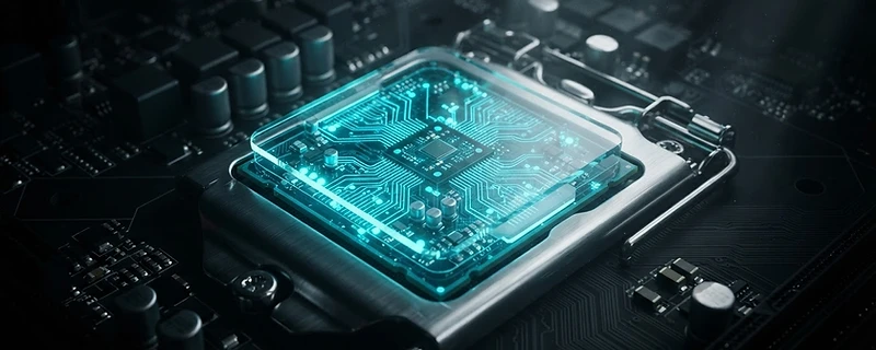 Macro render of a translucent processor with internal cyan circuitry