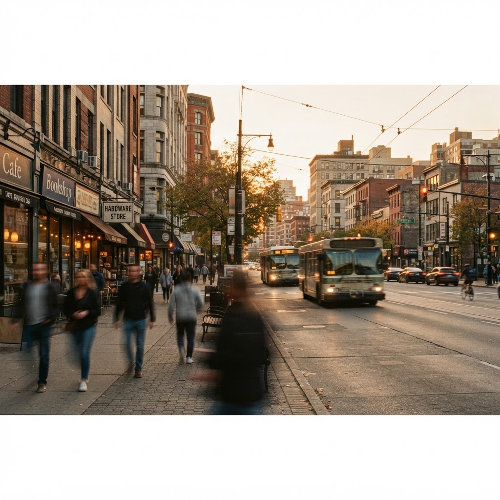 Active city street with blurred pedestrians