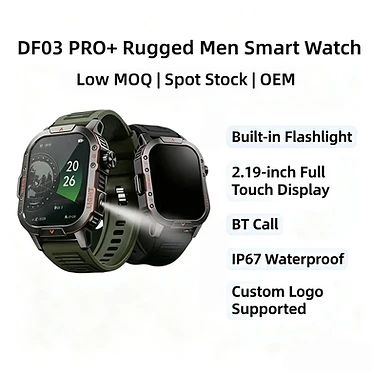 Montre connectée robuste pour homme DF03 PRO+, écran tactile complet de 2,19 pouces, lampe de poche intégrée, appels Bluetooth, étanche IP67
