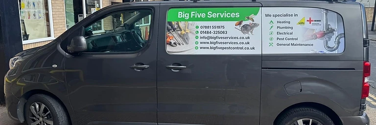 Big Five Services branded work van showing contact details, specialisms and accreditations