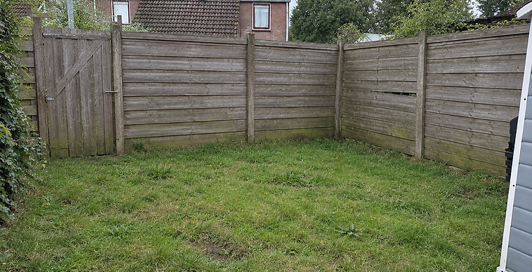 Tuin met verweerde schutting en onkruid vóór de renovatie — Bronneger Exclusive in Drenthe