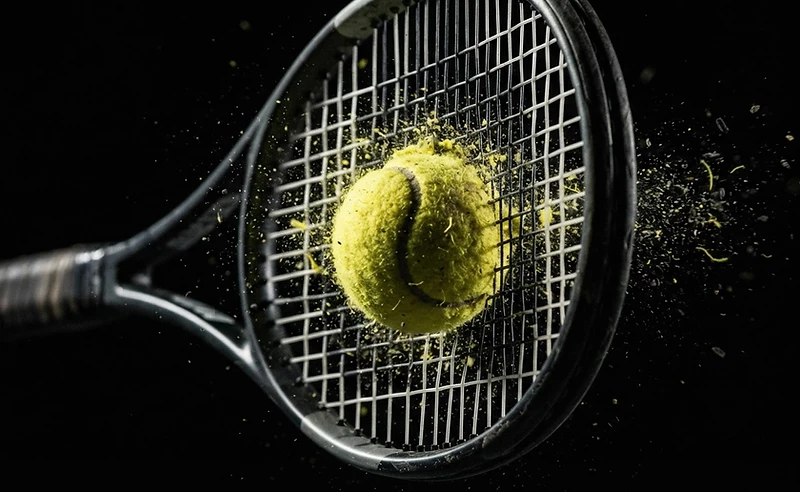 Tennis ball striking racquet strings