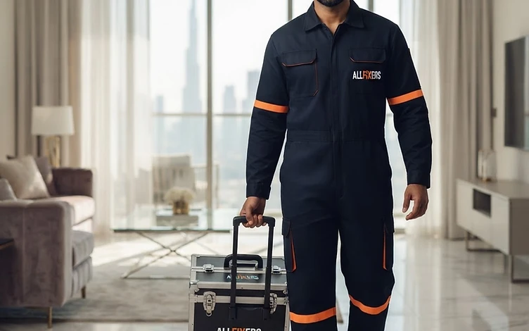 ALLFIXERS professional handyman on site in branded navy uniform