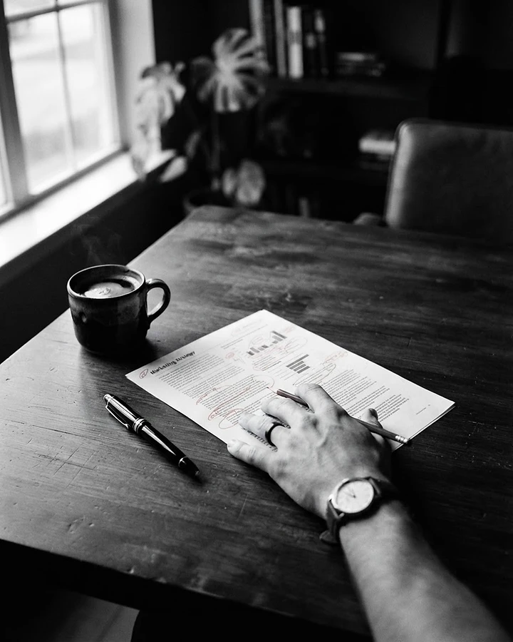 A founder's desk with a marked marketing document