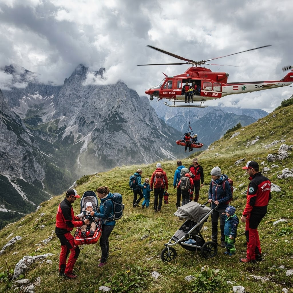 Alpii Austrieci: 36 de excursionisti cu copii in carucioare, obligati sa plateasca factura de salvare