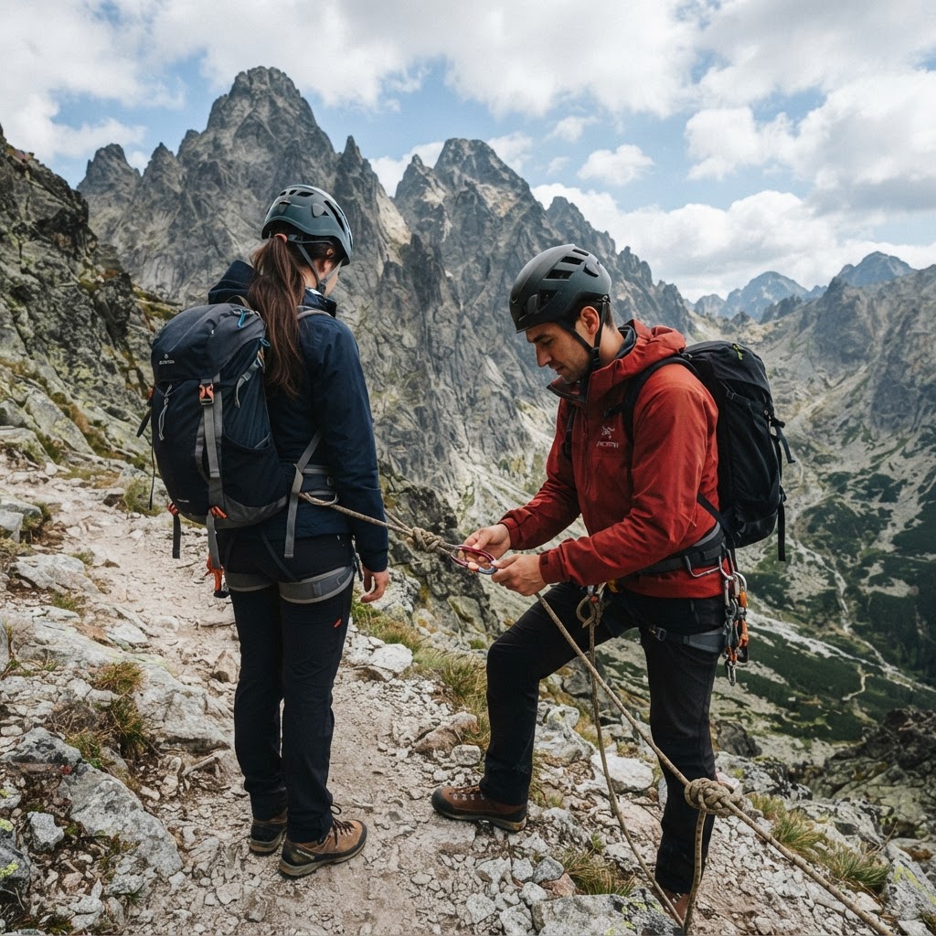 Ghid montan verificând echipamentul clienților în Munții Tatra Mare, Slovacia.