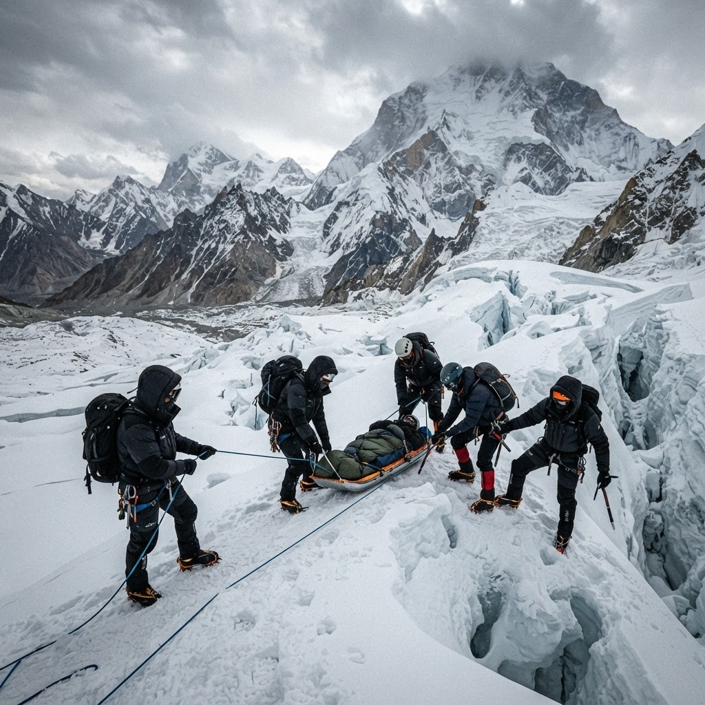 Peisaj montan alpin cu creste înzăpezite pe Broad Peak