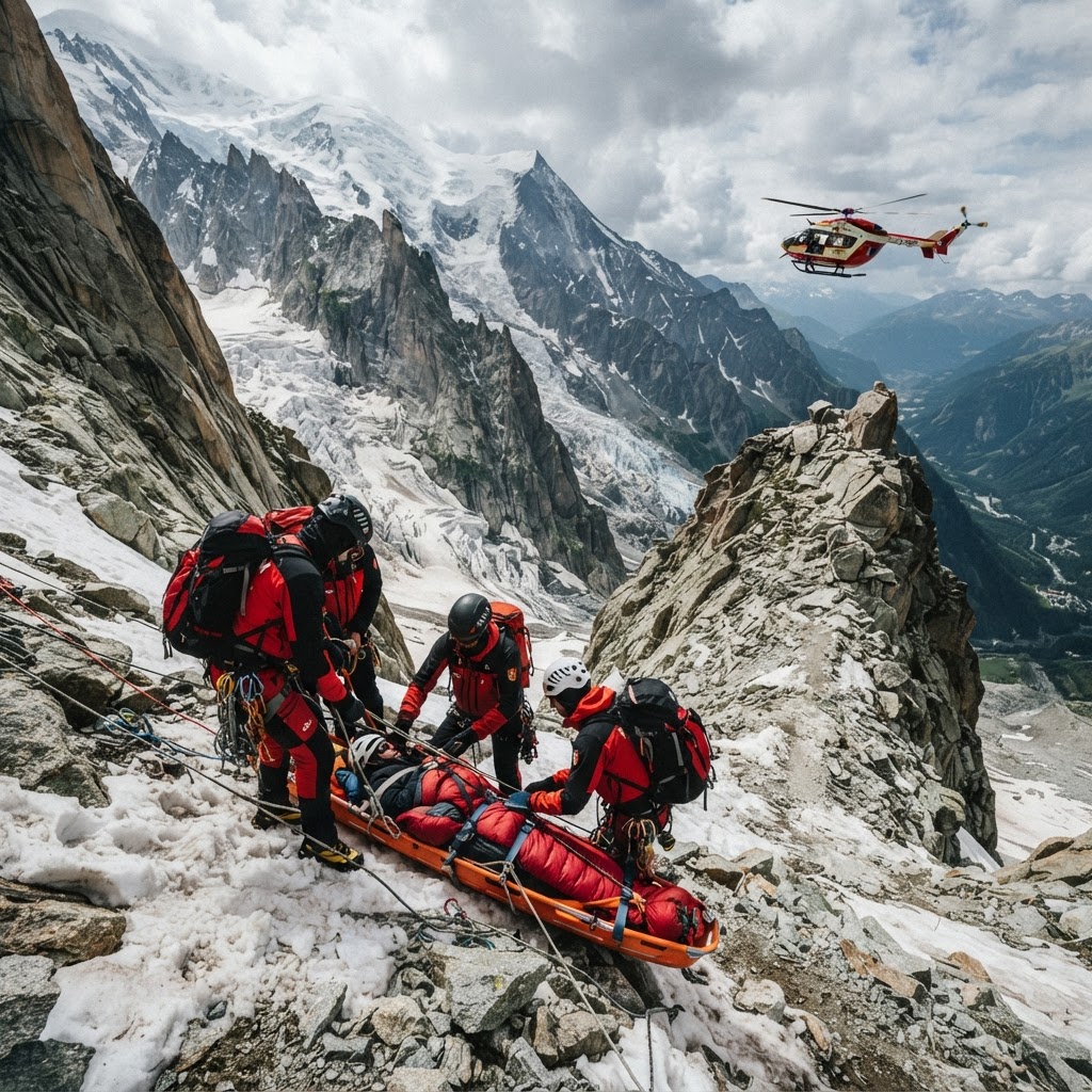 Echipaj PGHM intervenind cu elicopterul în zona masivului Mont Blanc, lângă Aiguille du Génépi.