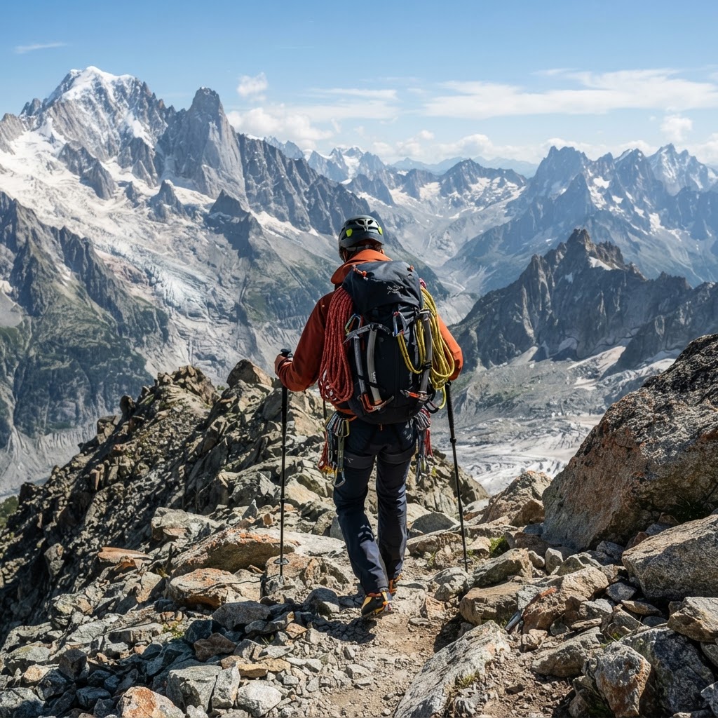 Jacheta rosie profesionala Arc'teryx Ski Guide expusa pe un manechin intr-un cadru montan.