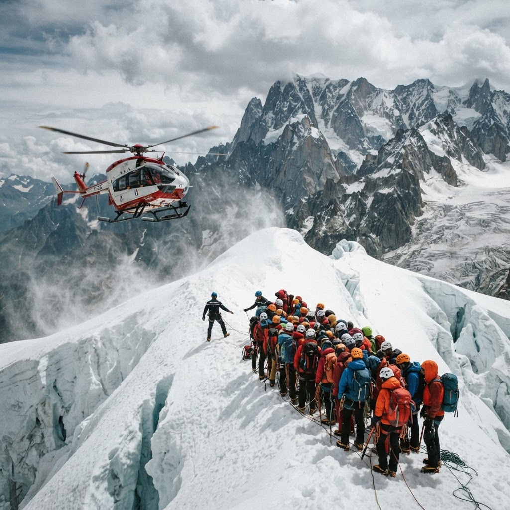 Elicopter de salvare survolând crestele masivului Mont Blanc în condiții de vizibilitate redusă.