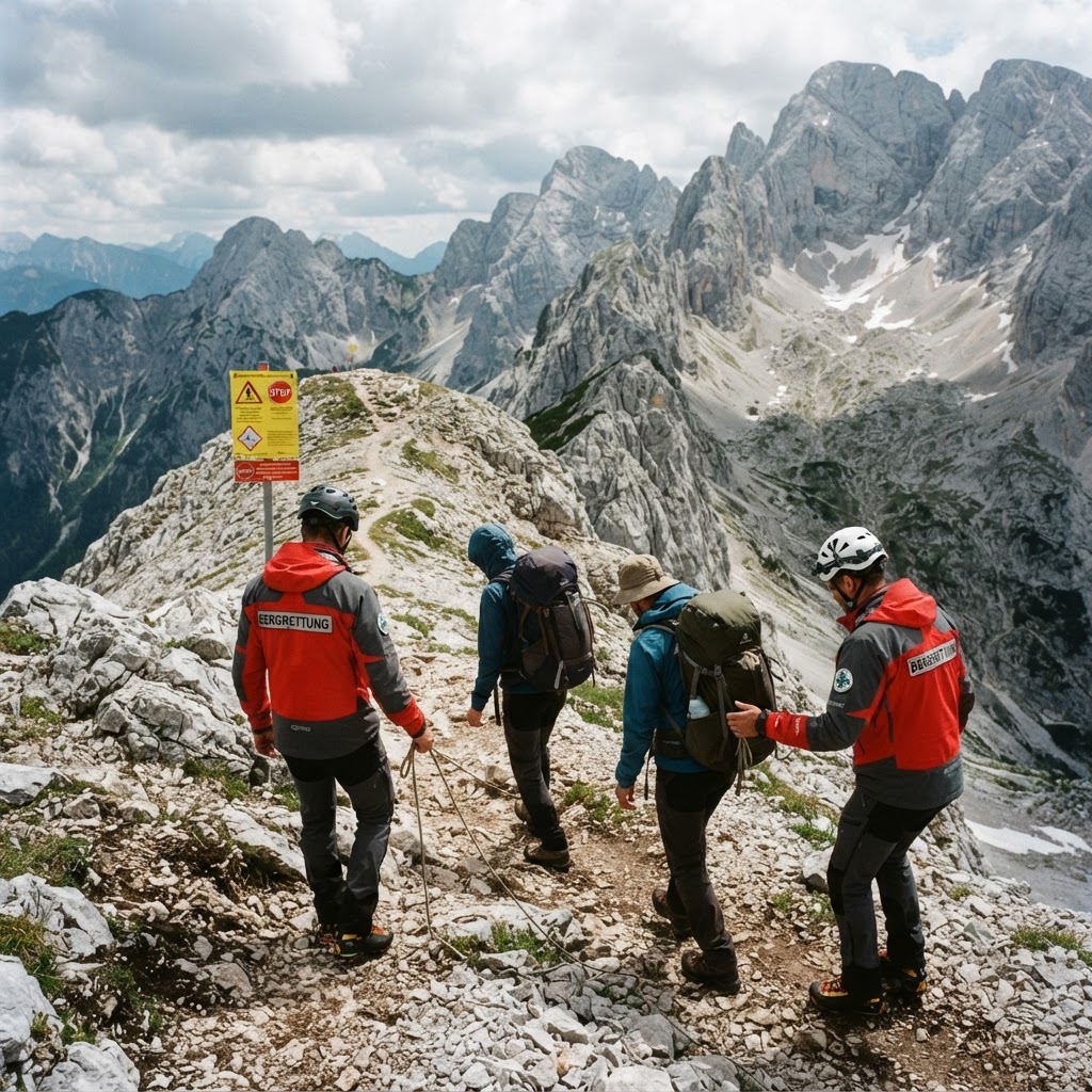 Grup mare de drumeti escortati de salvamontisti pe o poteca montana abrupta in Austria.